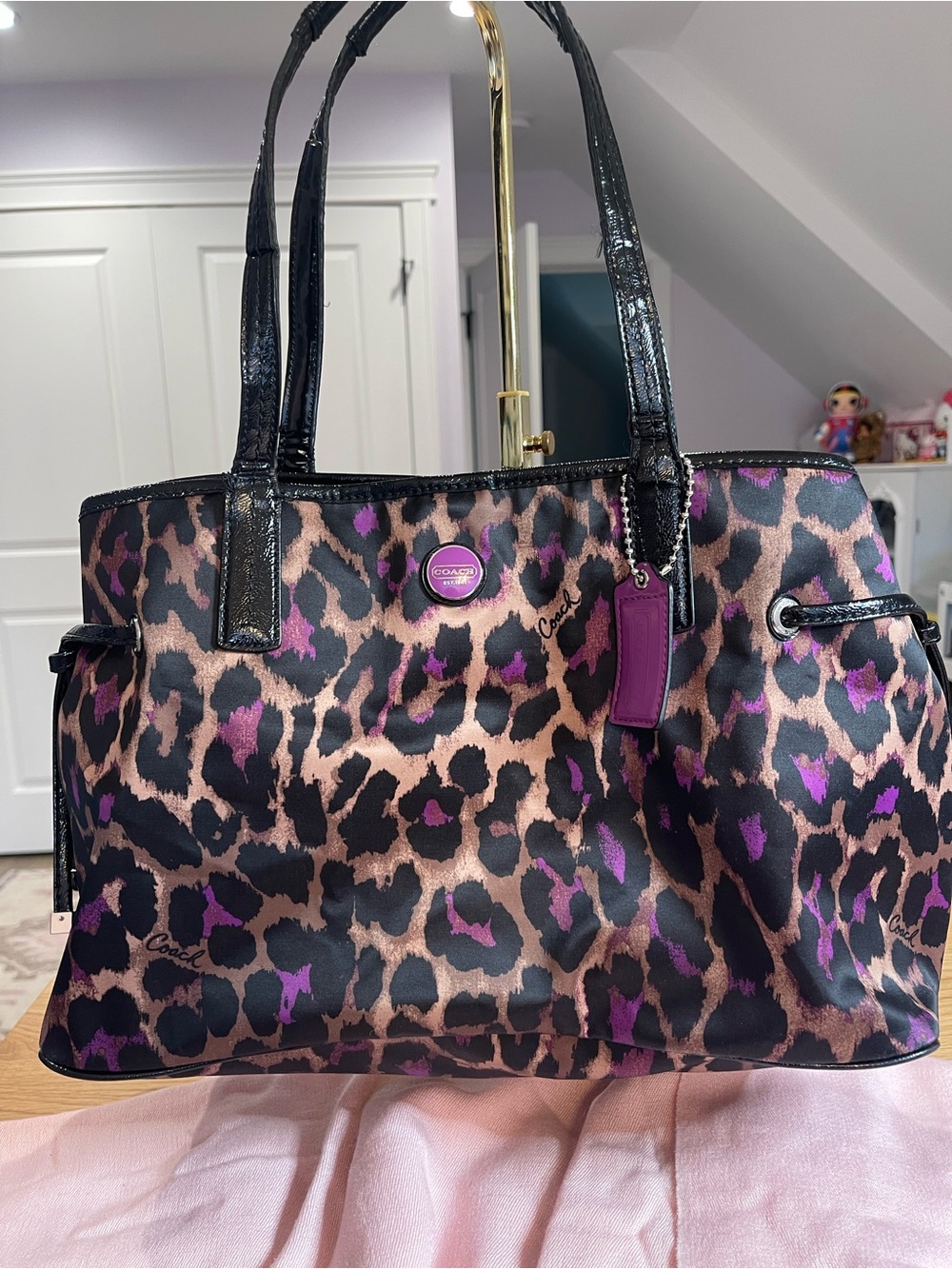 Coach Ocelot leopard print nylon and patent leather tote bag